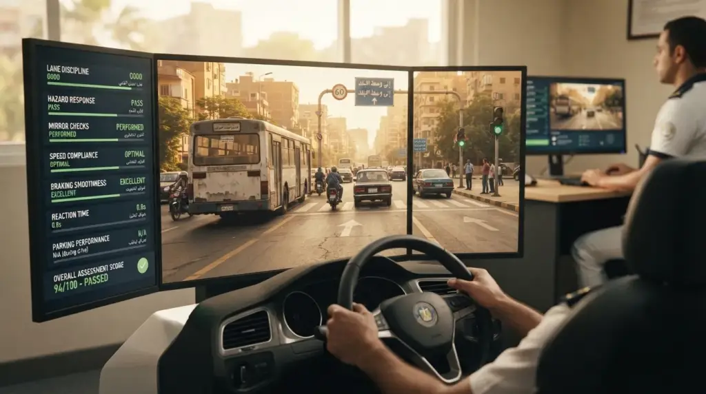 Driving test simulator interface in Egypt showing lane discipline and hazard response scoring
