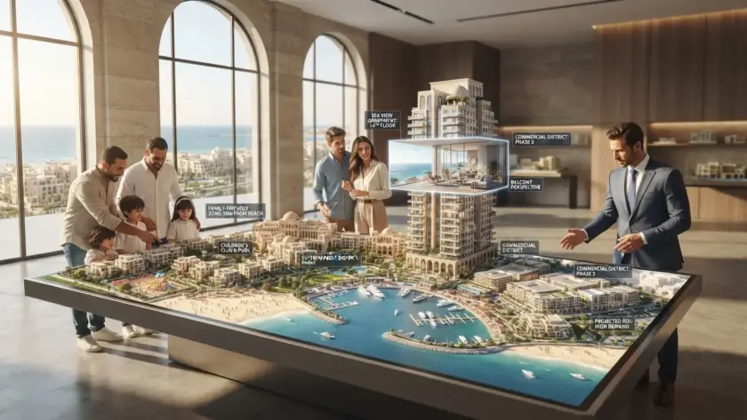 Interactive digital twin of a New Alamein coastal development showing sea views and amenities
