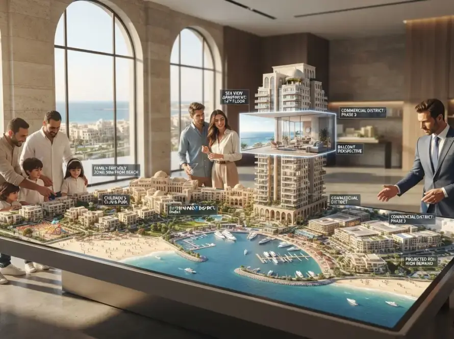 Interactive digital twin of a New Alamein coastal development showing sea views and amenities