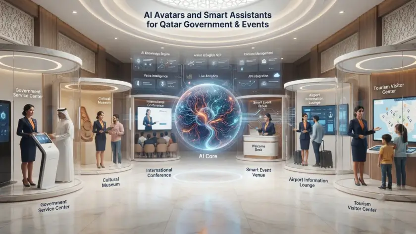Bilingual AI avatar welcoming guests and assisting with information at a Qatar cultural festival.