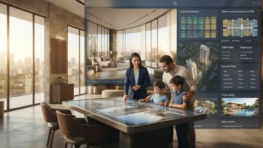 MIRA real estate platform showing a 3D walkthrough, CRM data, and real-time unit updates for an Egyptian project