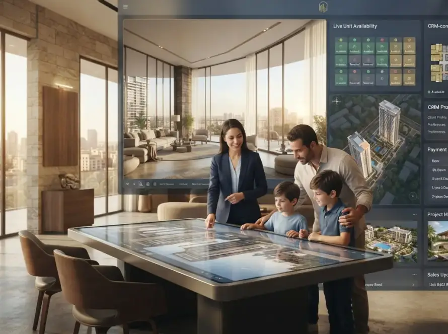 MIRA real estate platform showing a 3D walkthrough, CRM data, and real-time unit updates for an Egyptian project