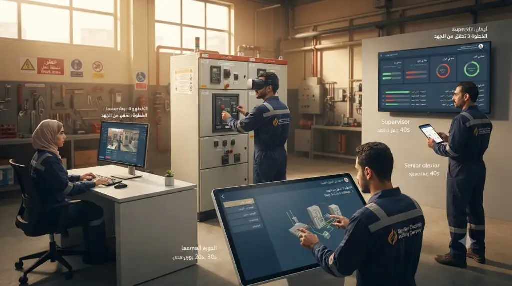 Arabic VR training module for Egyptian employees with subtitles and performance feedback
