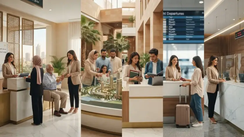 Arabic AI avatar helping a customer at a digital service kiosk in Egypt