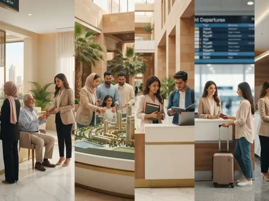 Arabic AI avatar helping a customer at a digital service kiosk in Egypt