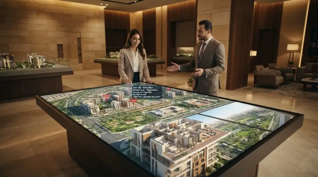 Sales manager in Egypt reviewing digital twin analytics for real estate buyer interactions