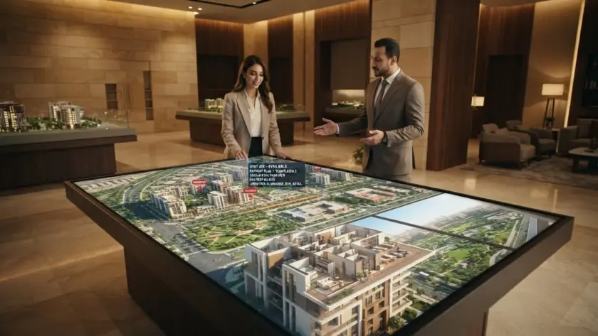 Sales manager in Egypt reviewing digital twin analytics for real estate buyer interactions
