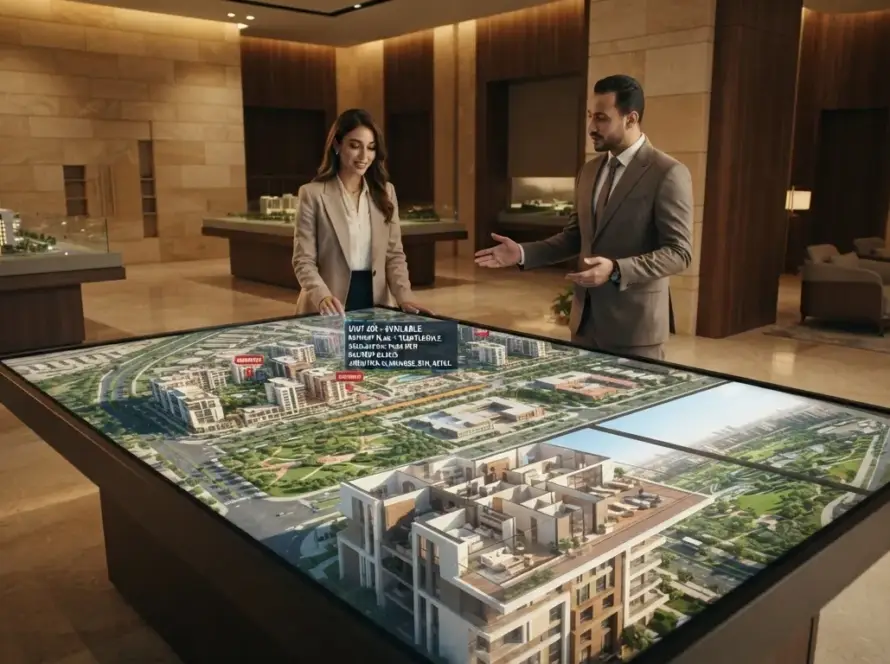 Sales manager in Egypt reviewing digital twin analytics for real estate buyer interactions