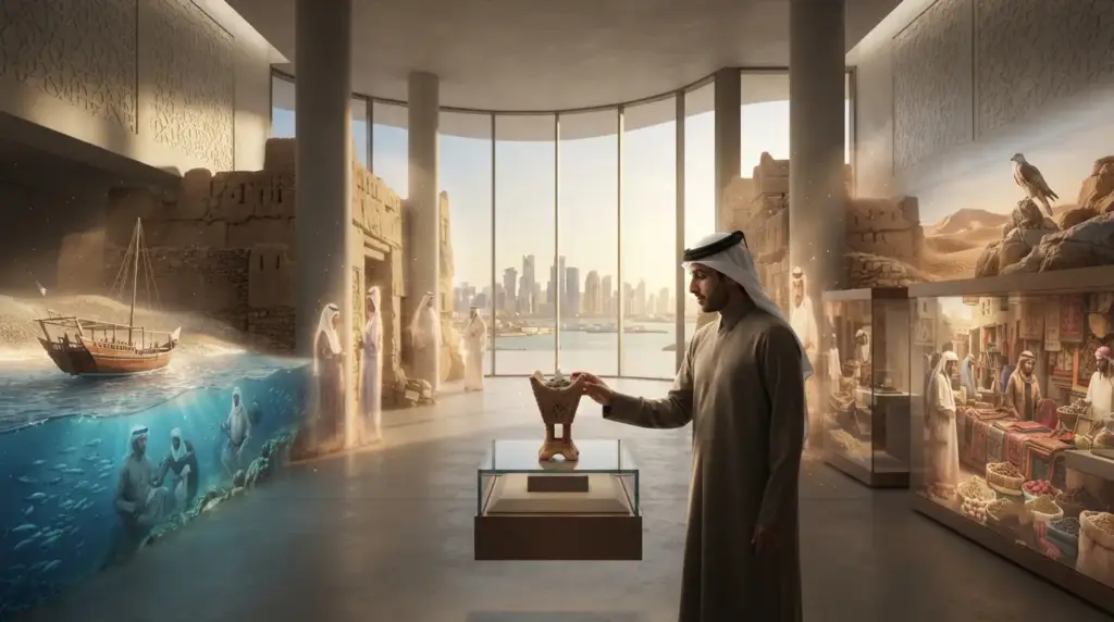 Visitors participate in a digital scavenger hunt at a museum in Qatar, using mobile devices to unlock stories and collectibles.