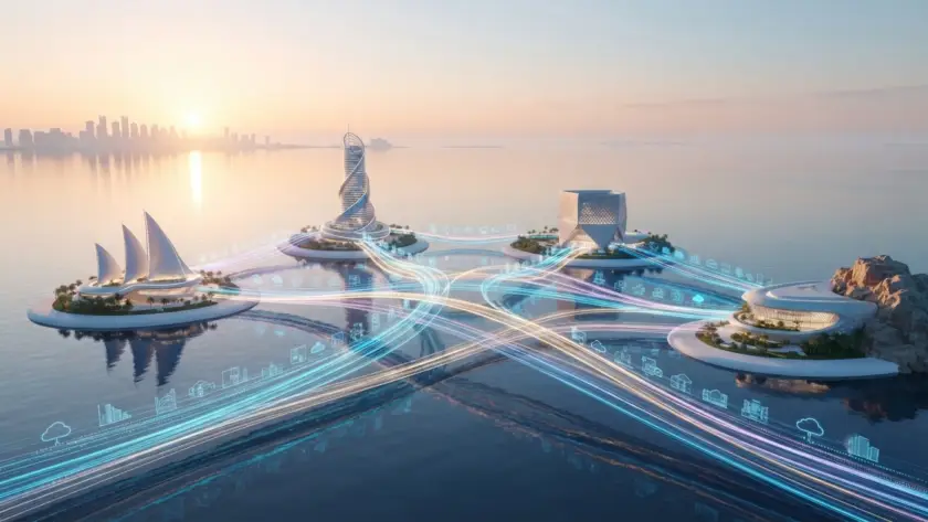 Infographic showing collaboration models for digital twin projects between Qatar organisations and regional partners.