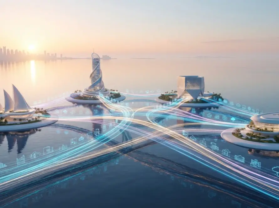 Infographic showing collaboration models for digital twin projects between Qatar organisations and regional partners.