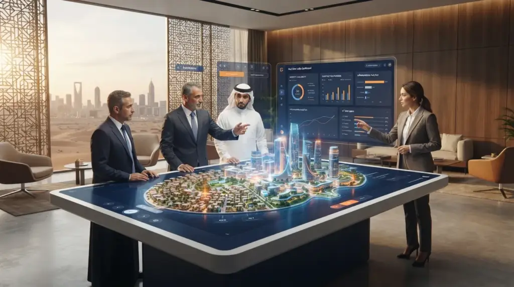 Interactive digital twin of a Saudi giga project with navigation controls and sales data.