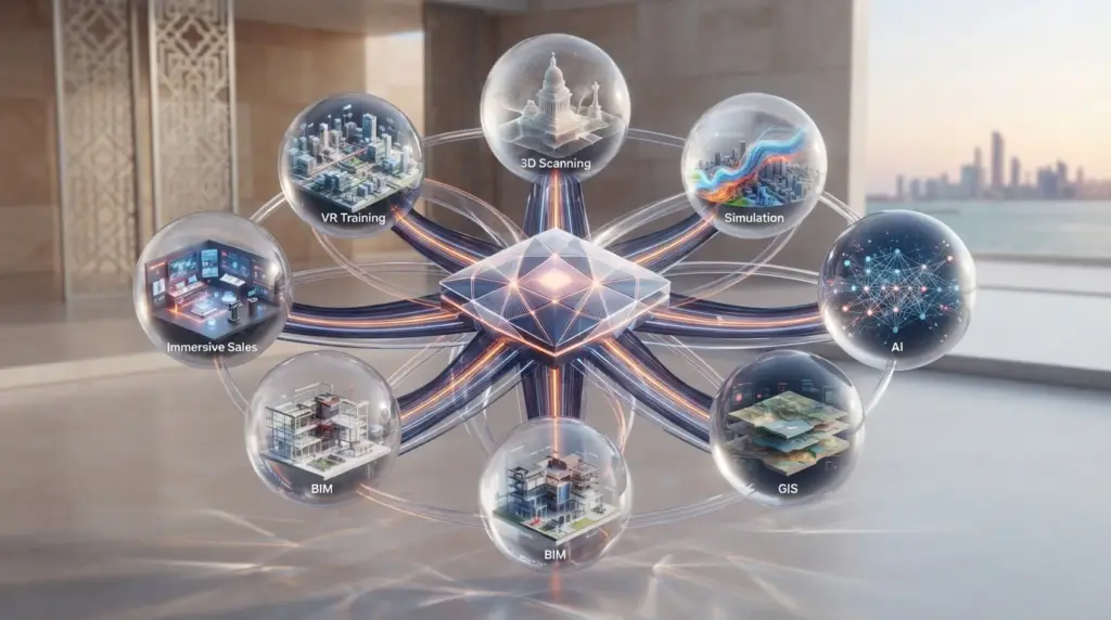 Infographic showing collaboration models for digital twin projects between Qatar organisations and regional partners.