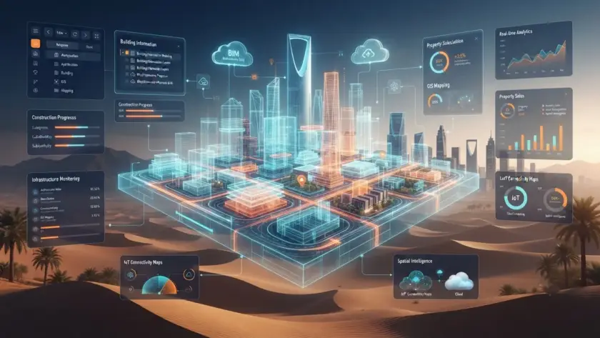 Interactive digital twin of a Saudi giga project with navigation controls and sales data.