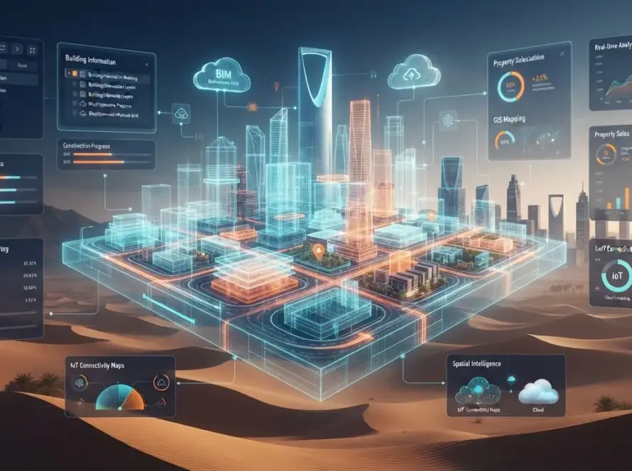 Interactive digital twin of a Saudi giga project with navigation controls and sales data.