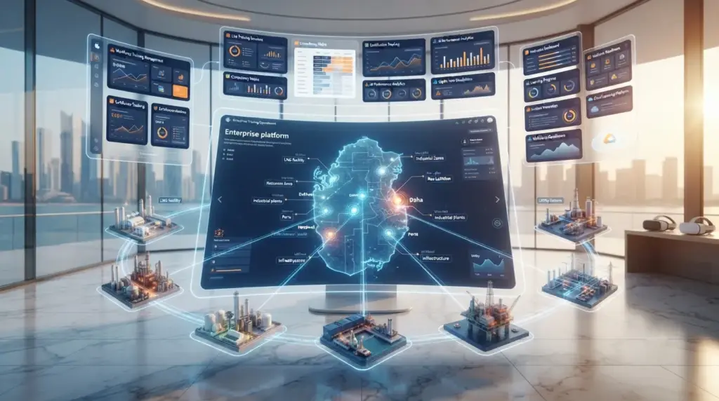 Qatari energy worker practicing a refinery operation using a VR training module. 