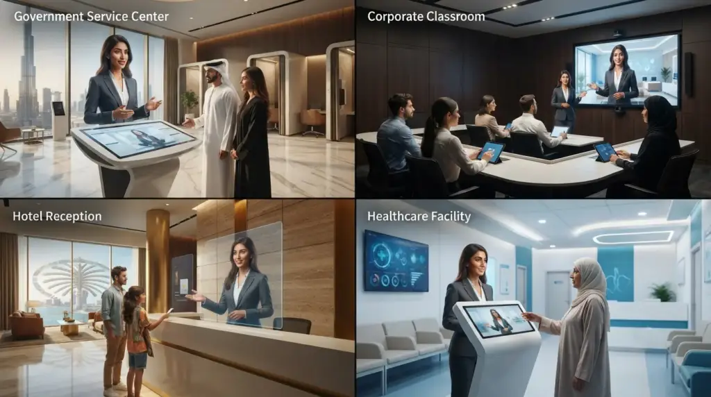 Bilingual AI avatar providing customer service and training support in UAE. 