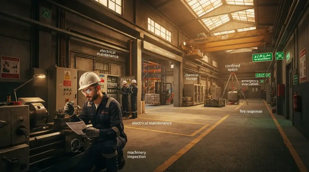 Industrial worker in Egypt using VR to practise emergency safety procedures in a simulated factory