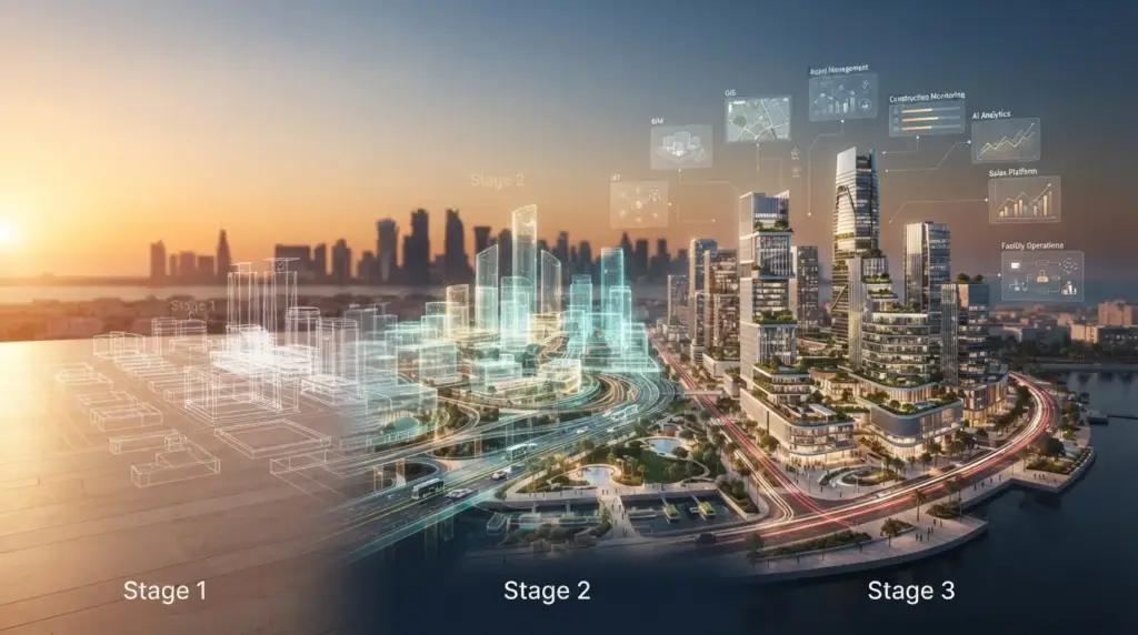 Interactive digital twin of Lusail showing buildings, streets and data dashboards.