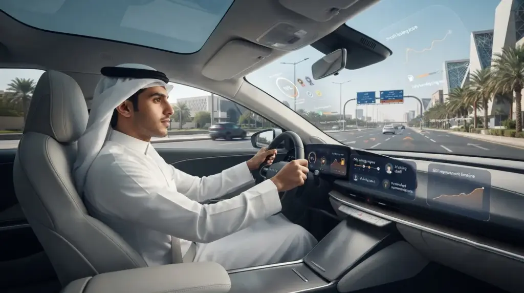Gamified driver training interface showing points and progress bars during a VR driving session.