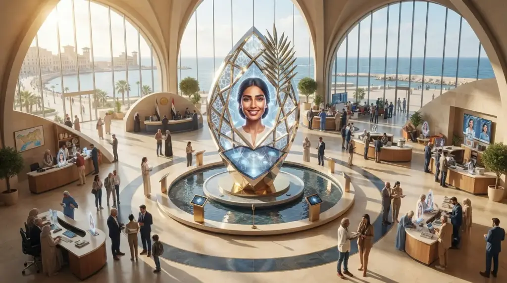 Arabic AI avatar helping a customer at a digital service kiosk in Egypt
