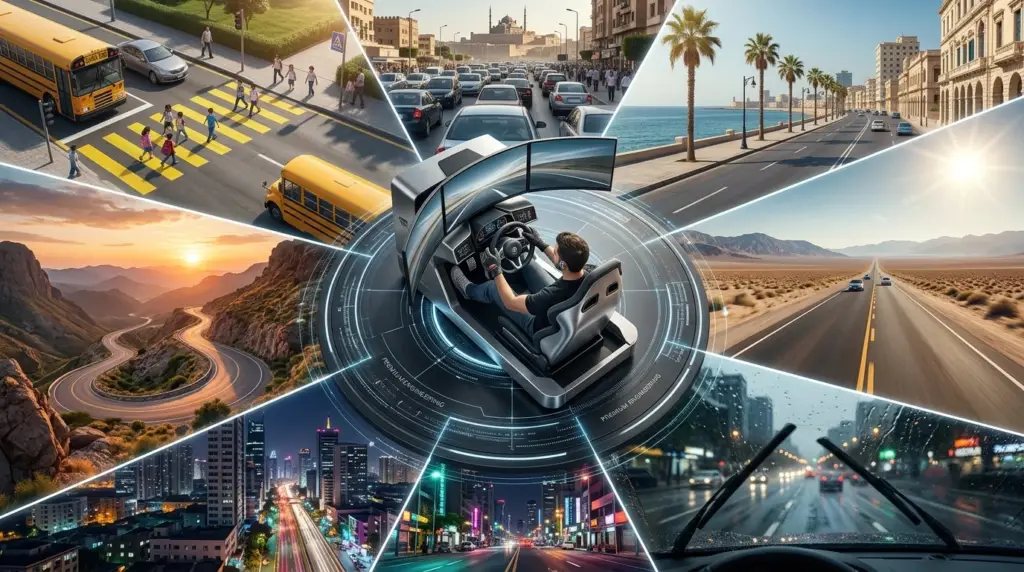 VR driving simulator in Egypt with steering wheel, pedals, and realistic city traffic scenario