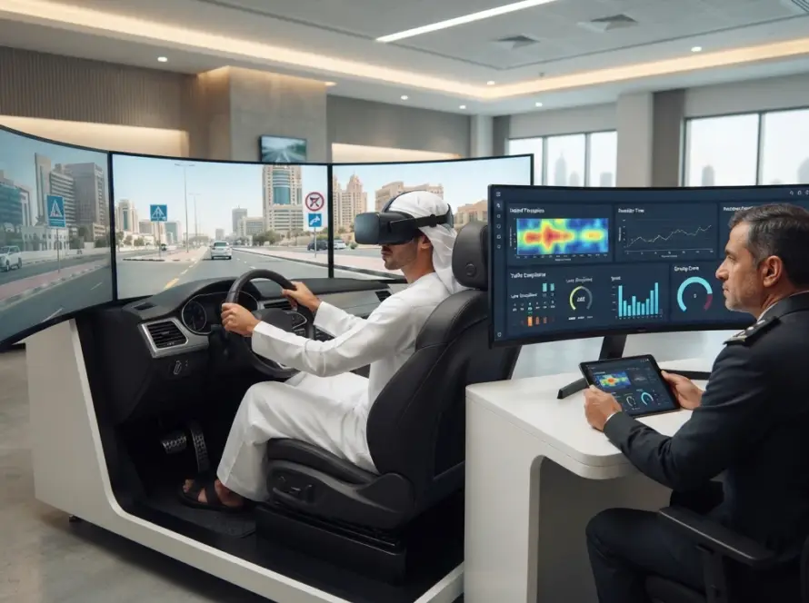 VR driving simulator for driver training and licensing in UAE.