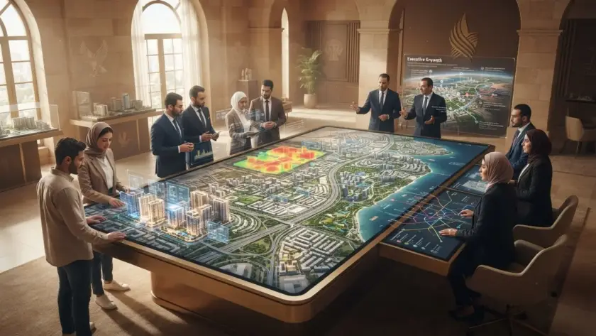 Digital twin of an Egyptian mega-project masterplan with roads, districts, and interactive unit data