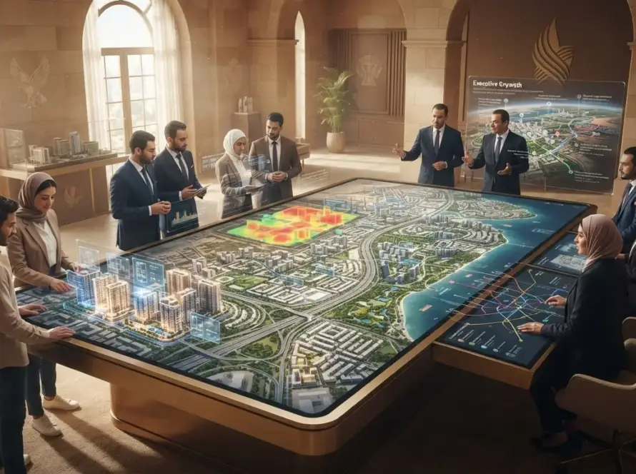 Digital twin of an Egyptian mega-project masterplan with roads, districts, and interactive unit data