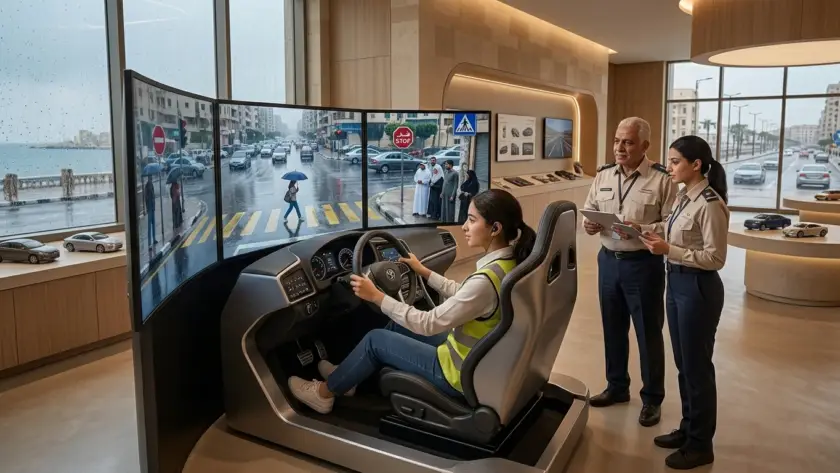 VR driving simulator in Egypt with steering wheel, pedals, and realistic city traffic scenario