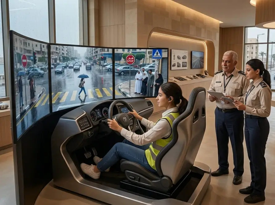VR driving simulator in Egypt with steering wheel, pedals, and realistic city traffic scenario