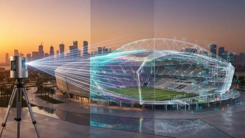 3D point cloud overlay of a stadium in Qatar showing seating sections and structural details.