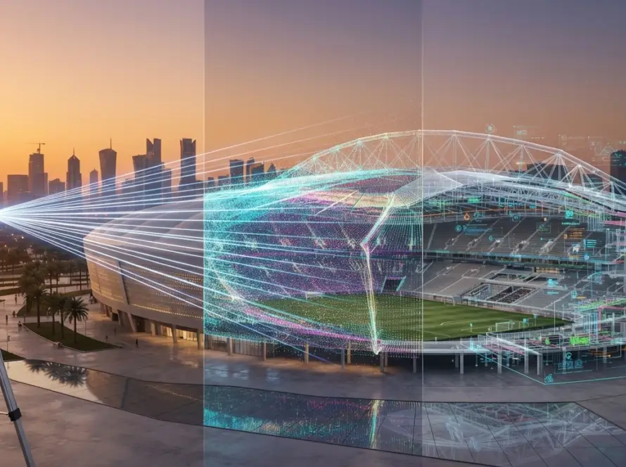 3D point cloud overlay of a stadium in Qatar showing seating sections and structural details.