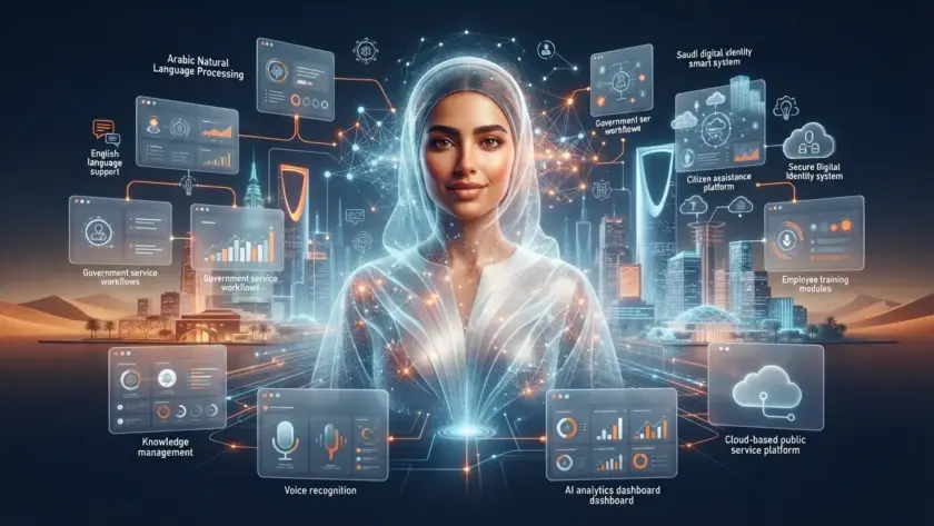 Bilingual AI avatar providing assistance at a Saudi government service centre.