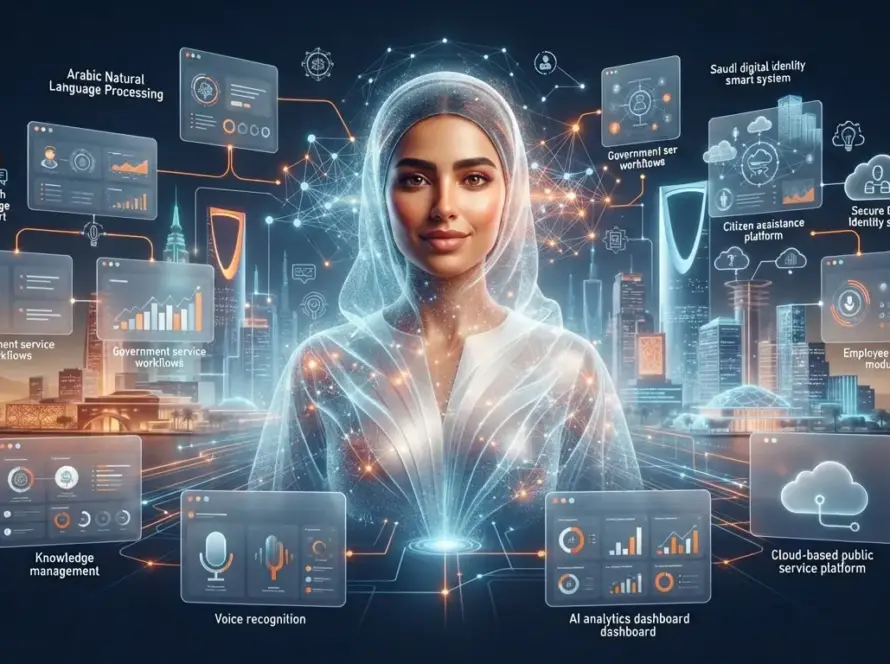 Bilingual AI avatar providing assistance at a Saudi government service centre.