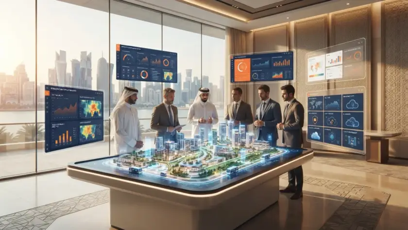 Interactive digital twin of Lusail showing buildings, streets and data dashboards.