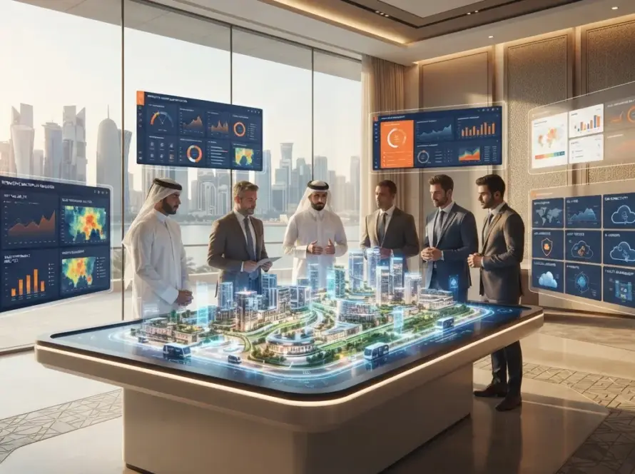 Interactive digital twin of Lusail showing buildings, streets and data dashboards.