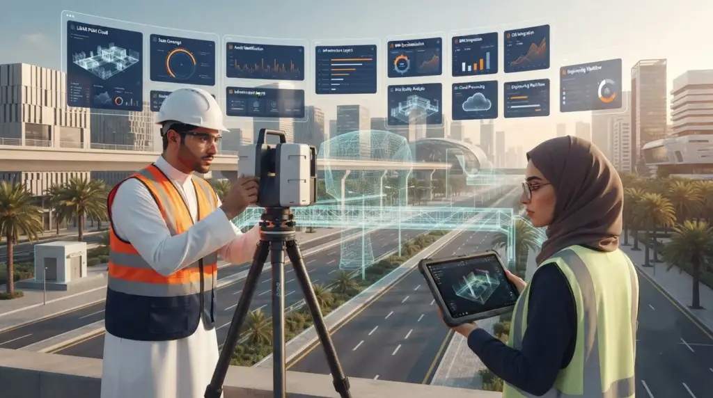 LiDAR scanning overlay showing a digital twin of a Saudi city’s infrastructure. 