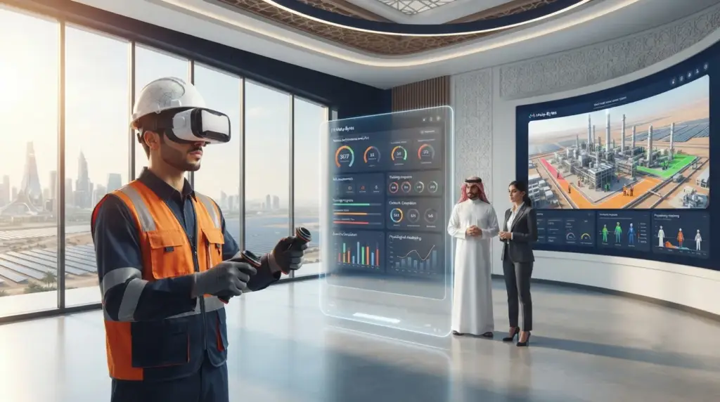 Saudi energy worker practising emergency response in an immersive VR simulation.