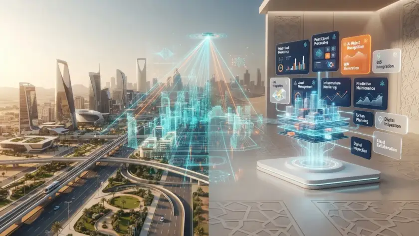 LiDAR scanning overlay showing a digital twin of a Saudi city’s infrastructure.