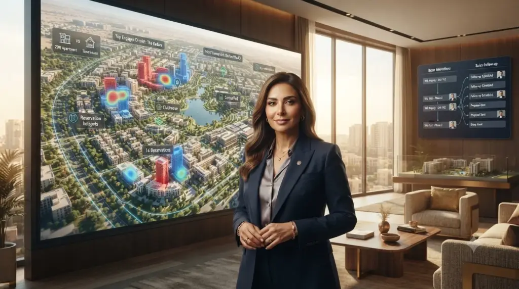 Sales manager in Egypt reviewing digital twin analytics for real estate buyer interactions