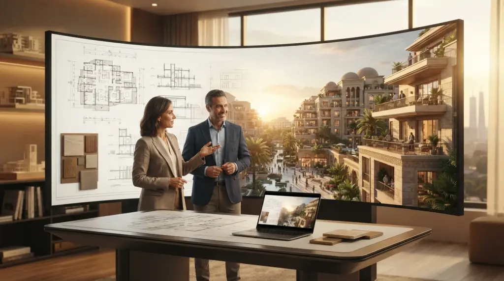 Photorealistic architectural rendering of an Egyptian real estate development before construction