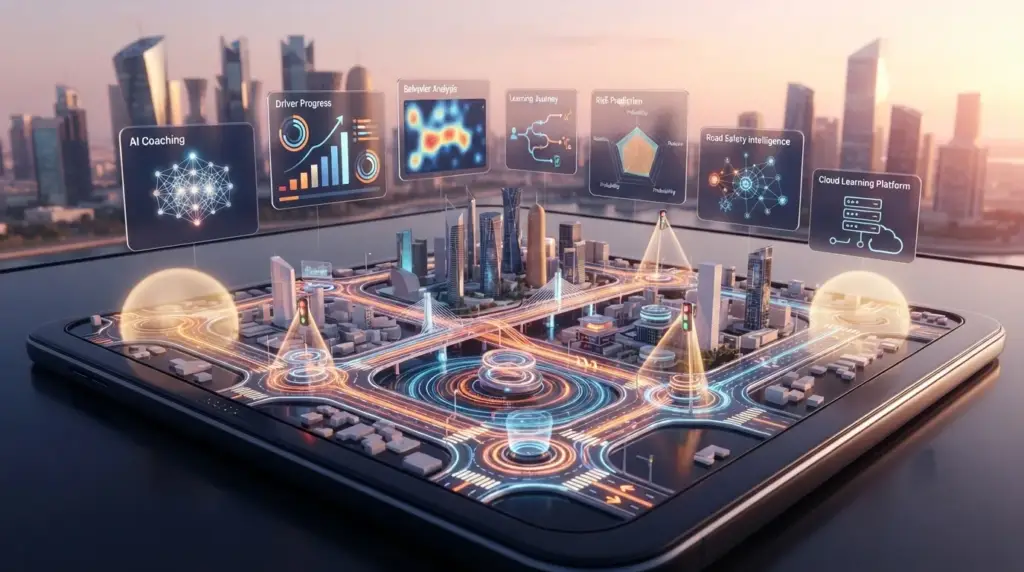 Gamified driver education interface in Qatar with scores, levels and feedback.