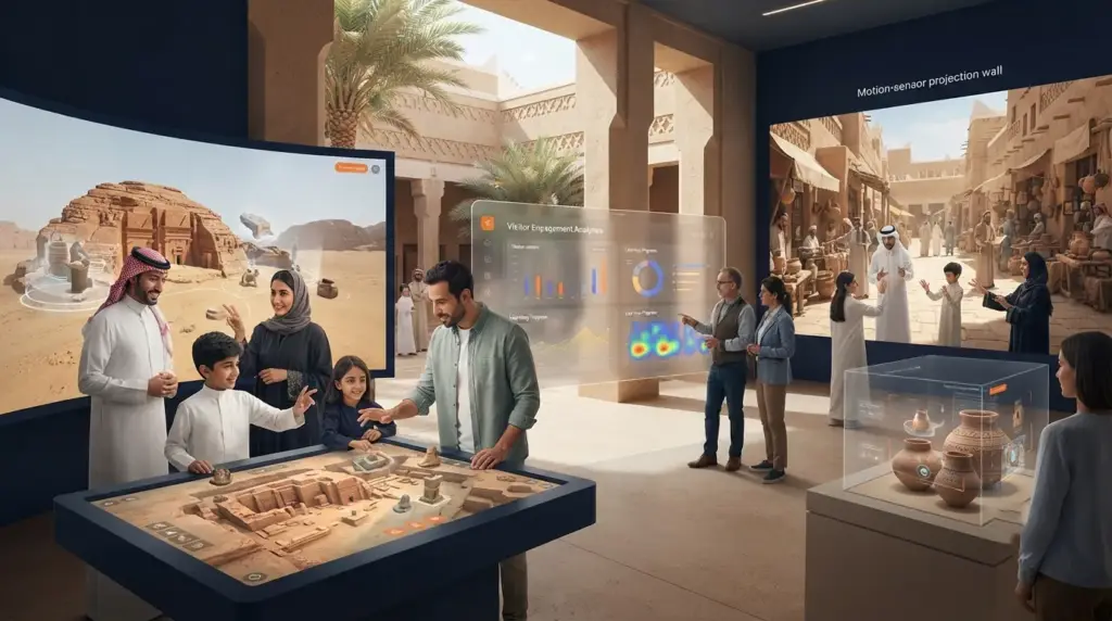 Visitors play a heritage themed serious game at a Saudi cultural site.