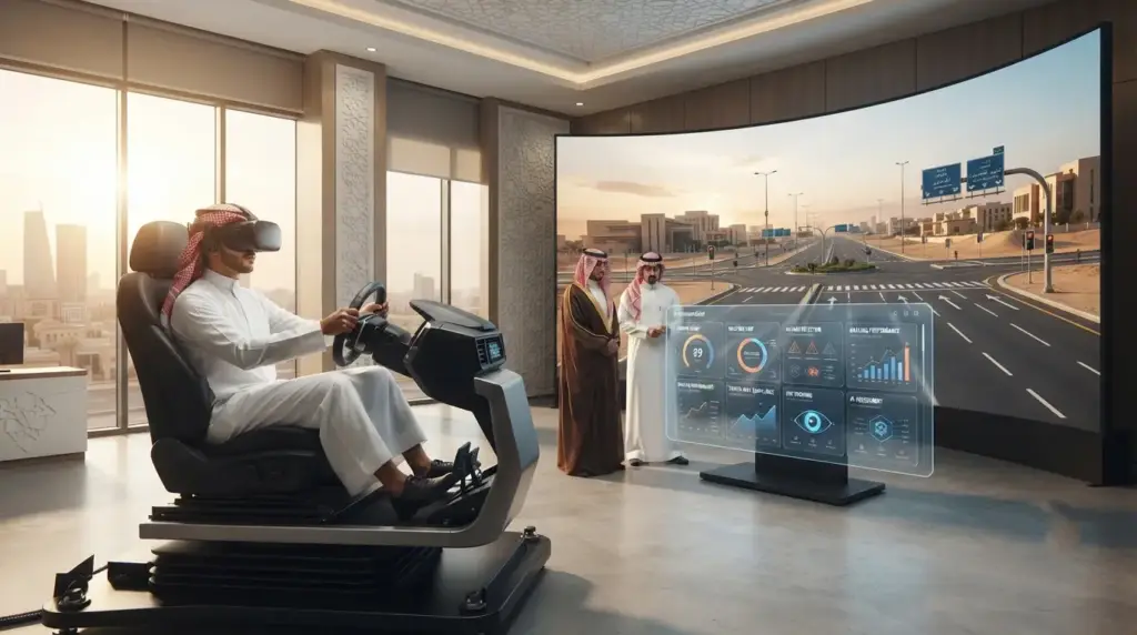 Candidate practising for the Saudi driving test in a realistic VR simulation.