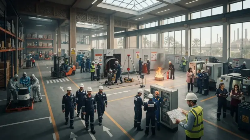 Industrial worker in Egypt using VR to practise emergency safety procedures in a simulated factory