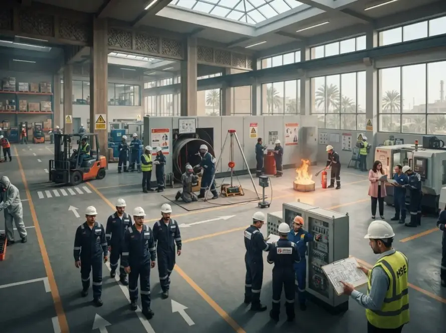 Industrial worker in Egypt using VR to practise emergency safety procedures in a simulated factory