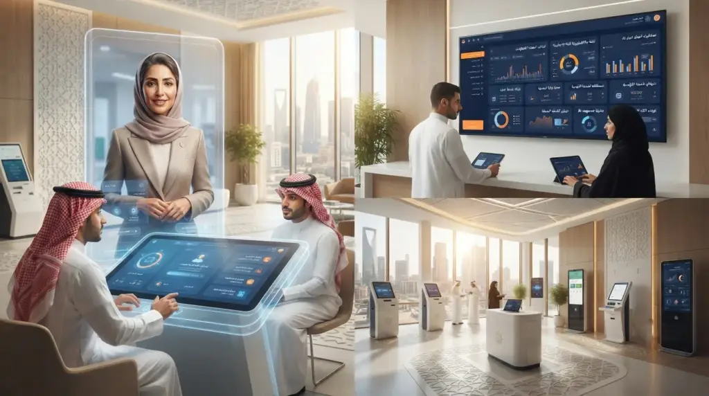 Bilingual AI avatar providing assistance at a Saudi government service centre.