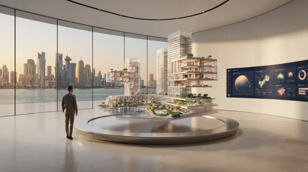 Buyer exploring finishes and floor plans in a digital twin of a Doha property on an interactive screen.