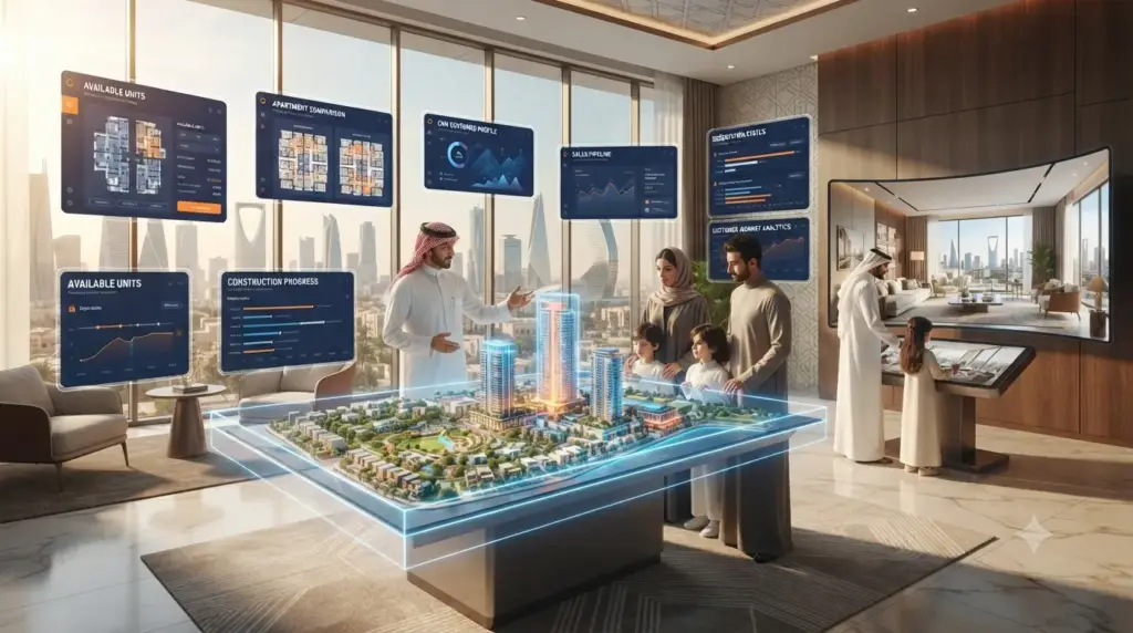 Buyer exploring a virtual apartment in a Riyadh development using Metas’s immersive sales platform. 